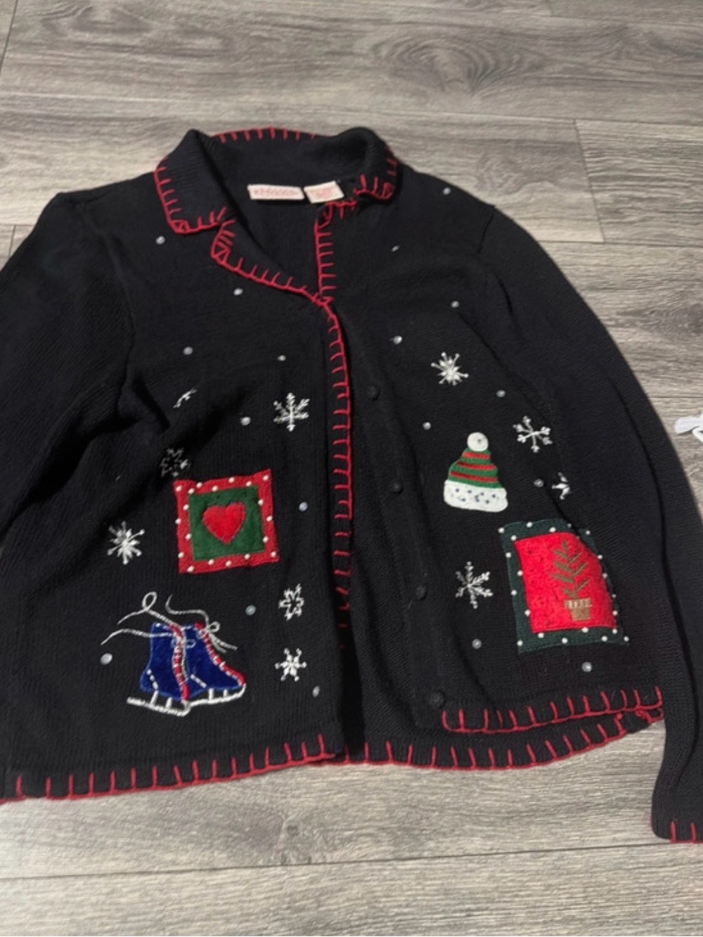 Basic Editions Black Holiday Embroidered Cardigan with Red Trim